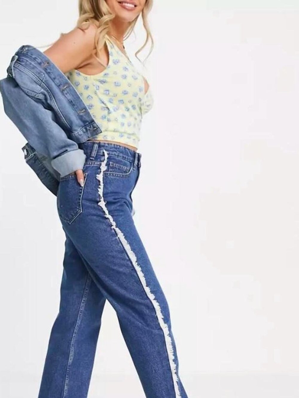Princess Polly Dark Blue High-Rise Jeans with Frayed Side Trim
